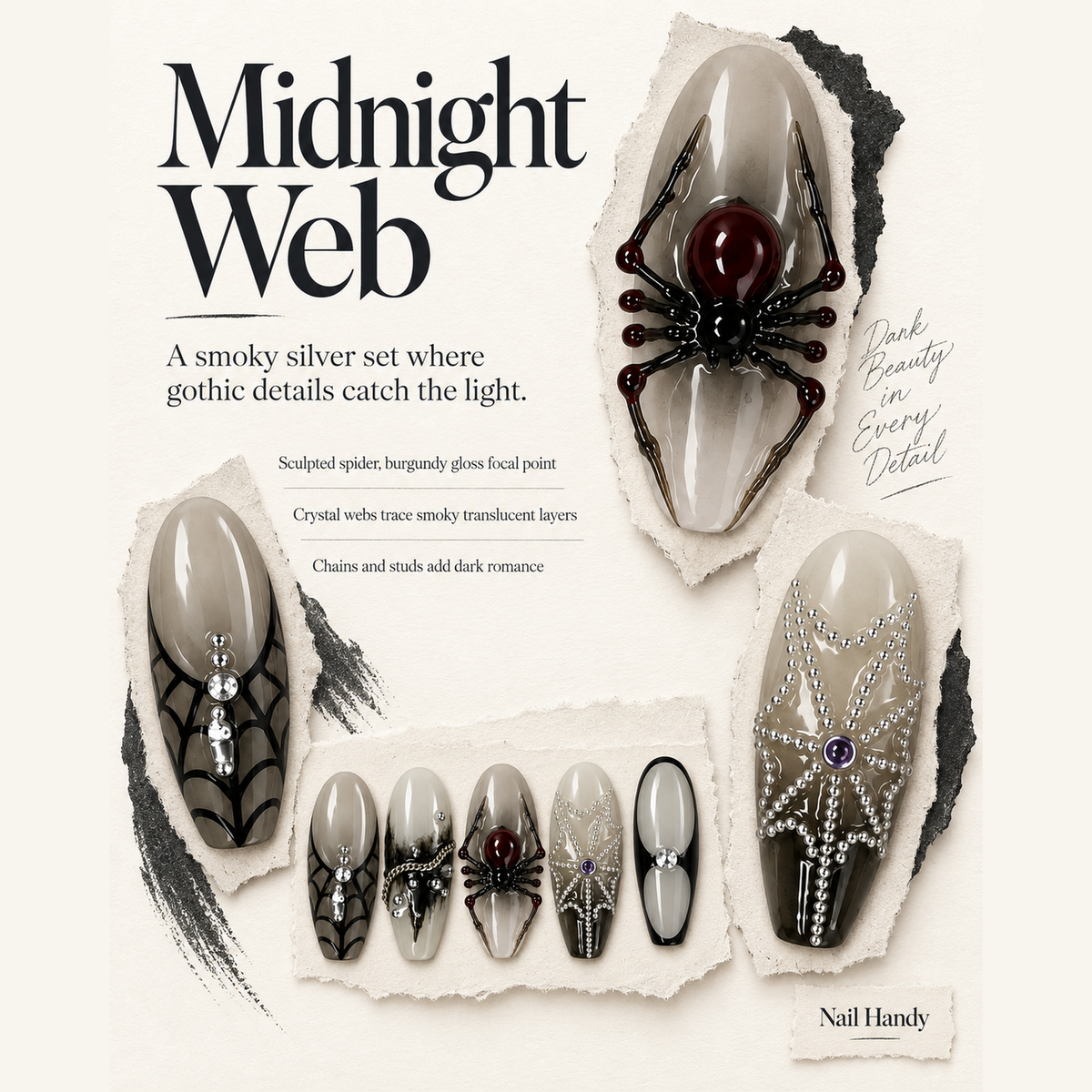Midnight Spider Web Press-On Nails with 3D Details - press-on nail design concept and illustrated product story