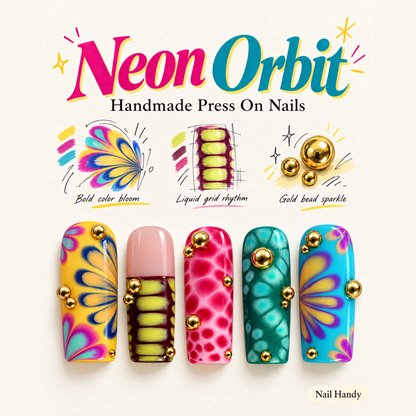 Prismatic Bloom Press-On Nails with Gold-Tone Accents - press-on nail design concept and illustrated product story