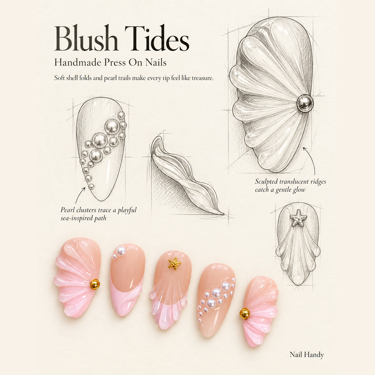 Blush Shell Reverie Press-On Nails with Pearl-Like Accents - press-on nail design concept and illustrated product story
