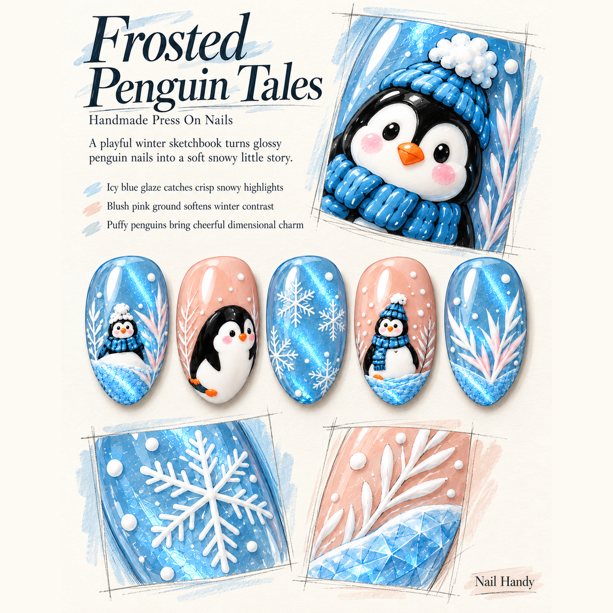 Penguin Snow Day Press-On Nails — Icy Blue & Blush - press-on nail design concept and illustrated product story