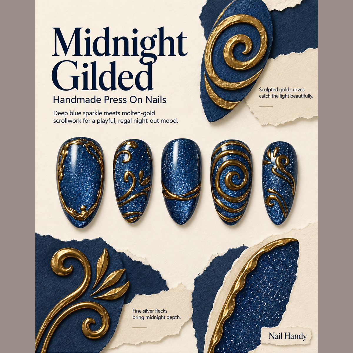 Gilded Midnight Scrolls Press-On Nails - press-on nail design concept and illustrated product story