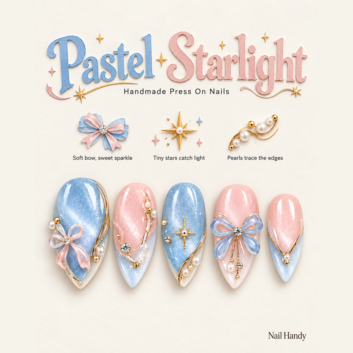 Frosted Ribbon Stars Press-On Nails - press-on nail design concept and illustrated product story