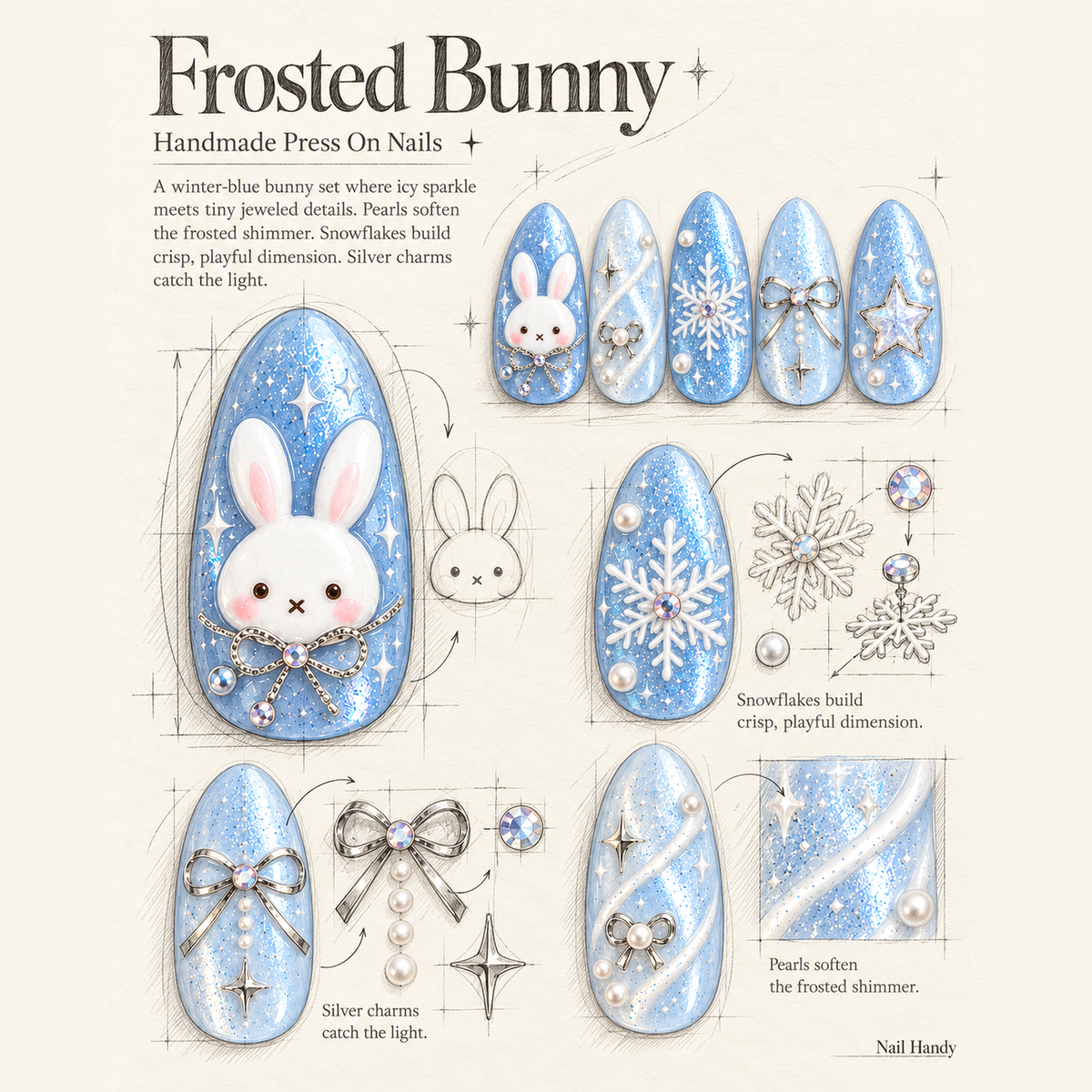 Snow Bunny Sparkle Press-On Nails Moonlight Blue - press-on nail design concept and illustrated product story