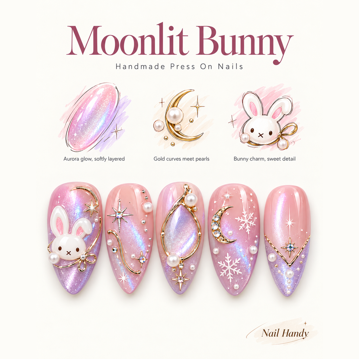 Winter Moon Bunny Press-On Nails Set - press-on nail design concept and illustrated product story