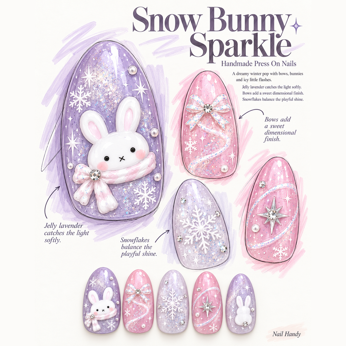 Snow Bunny Shimmer Press-On Nails with Pastel Winter Details - press-on nail design concept and illustrated product story