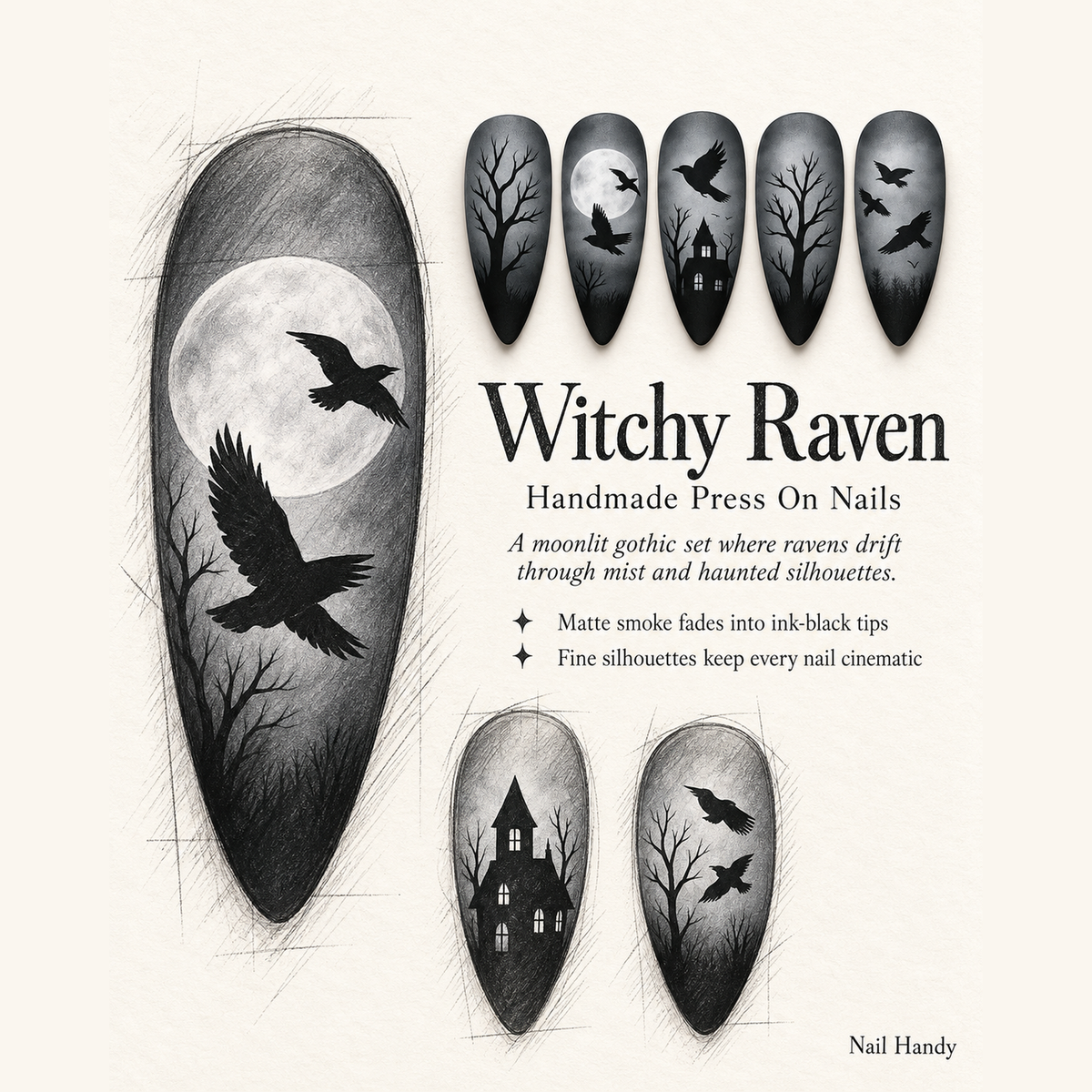 Witchy Raven Press-On Nails with Haunted Silhouettes - press-on nail design concept and illustrated product story