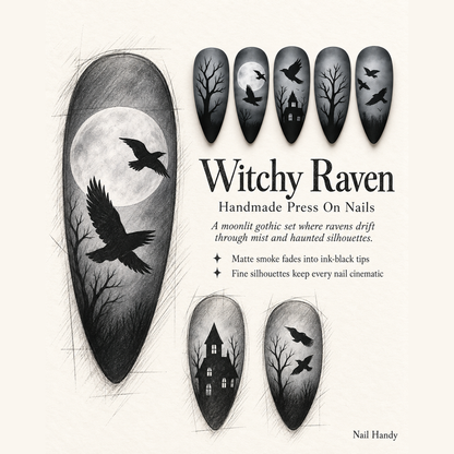 Witchy Raven Press-On Nails with Haunted Silhouettes - press-on nail design concept and illustrated product story