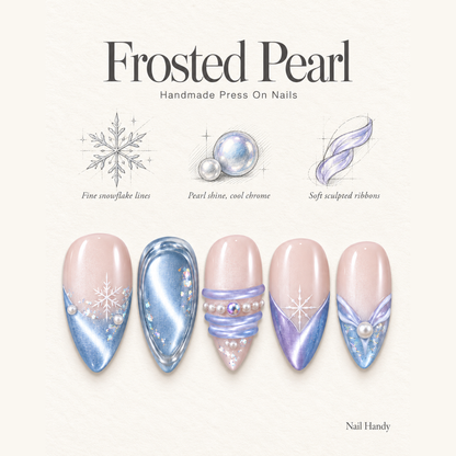 Snowfall Pearl Halo Press-On Nails with Icy Blue Accents - press-on nail design concept and illustrated product story