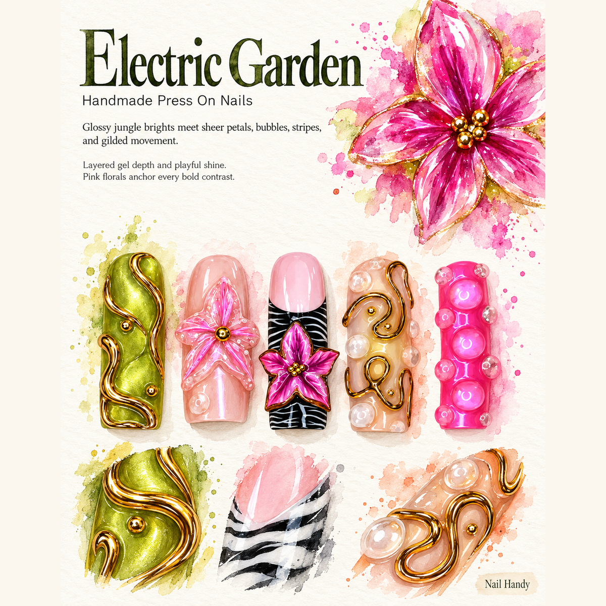 Electric Bloom Swirl Press-On Nails - press-on nail design concept and illustrated product story