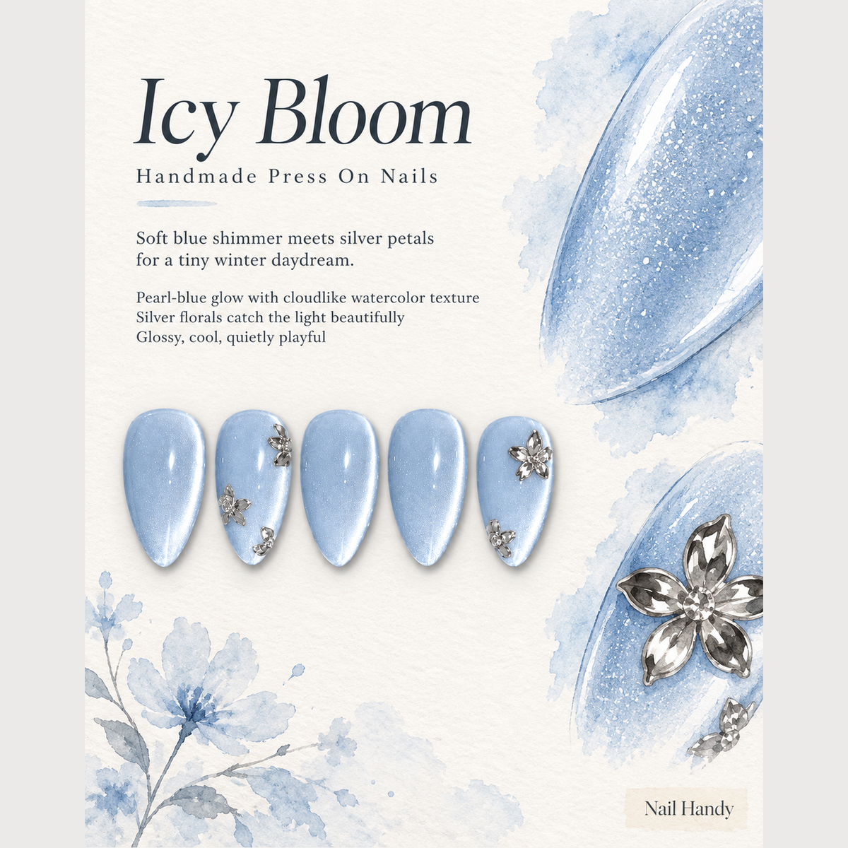 Frosted Blue Blossoms Press-On Nails - press-on nail design concept and illustrated product story