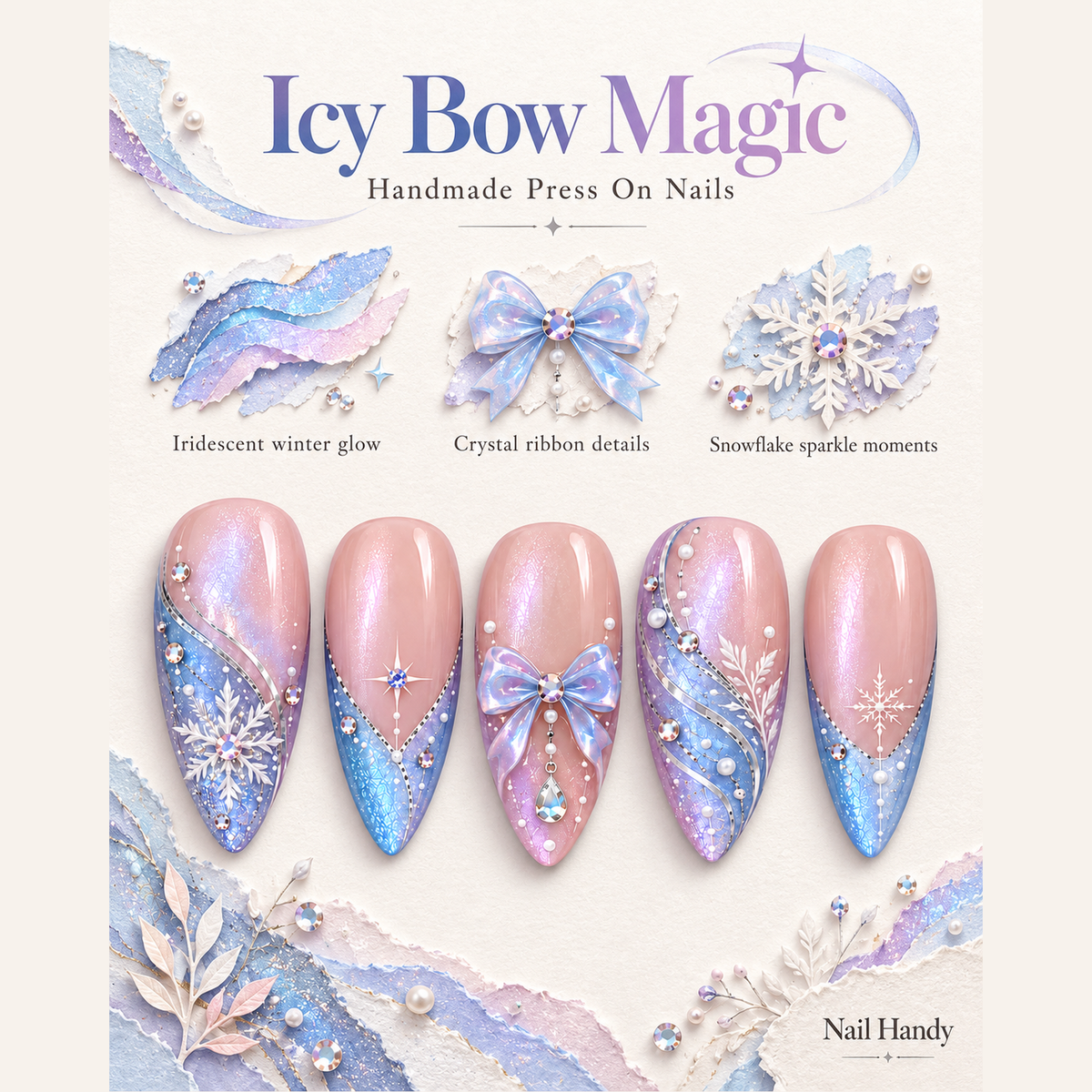 Snowflake Ribbon Glow Press-On Nails - press-on nail design concept and illustrated product story