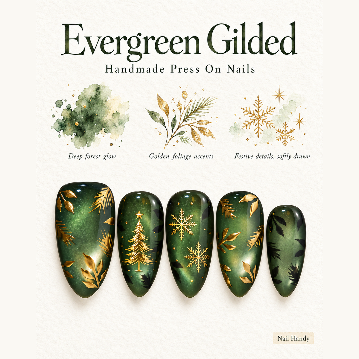 Gilded Evergreen Christmas Press-On Nails - press-on nail design concept and illustrated product story