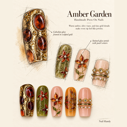 Amber Garden Filigree Press-On Nails - press-on nail design concept and illustrated product story