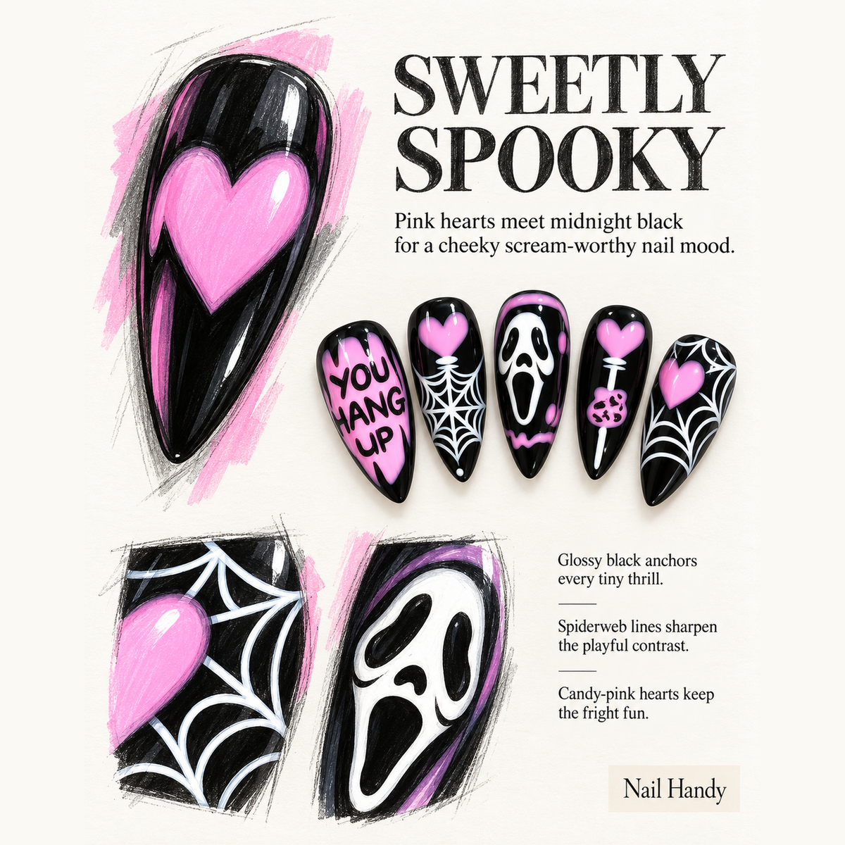 Pink Midnight Web Press-On Nails with Spooky Graphic Art - press-on nail design concept and illustrated product story