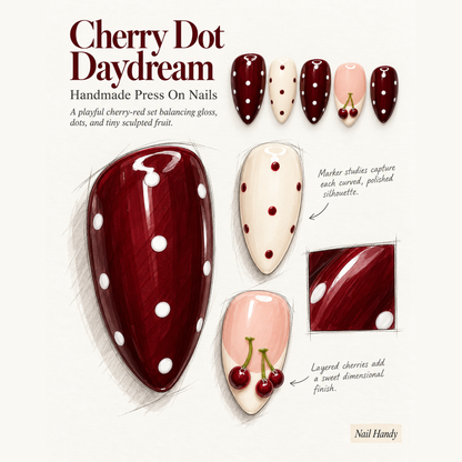 Cherry Cream Dots Press-On Nails Family - press-on nail design concept and illustrated product story