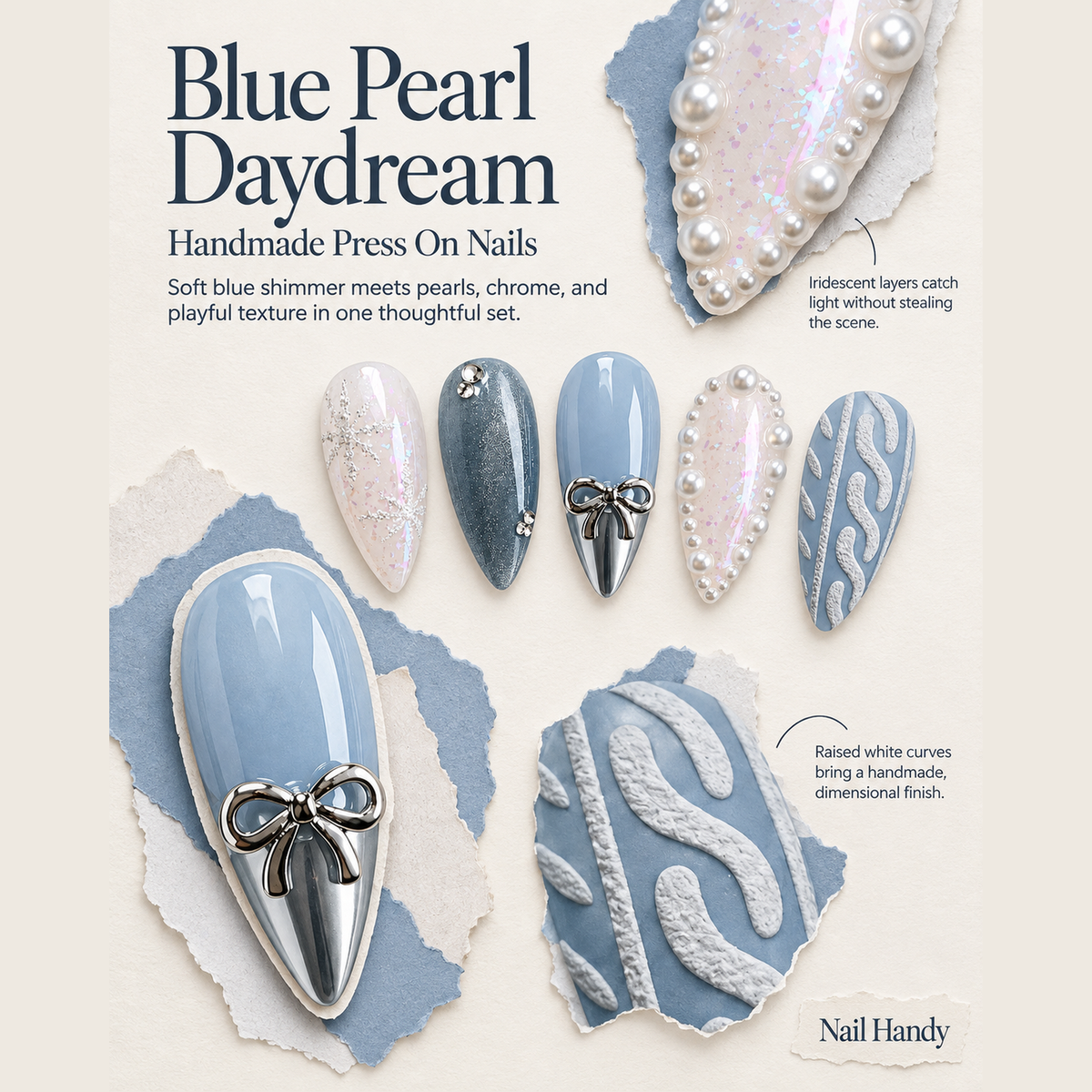 Frosted Blue Bow Press-On Nails with Pearl Accents - press-on nail design concept and illustrated product story