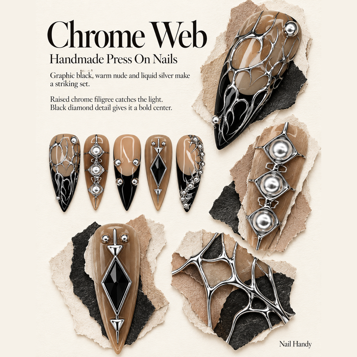 Silver Thorn Noir Press-On Nails — Taupe & Black - press-on nail design concept and illustrated product story