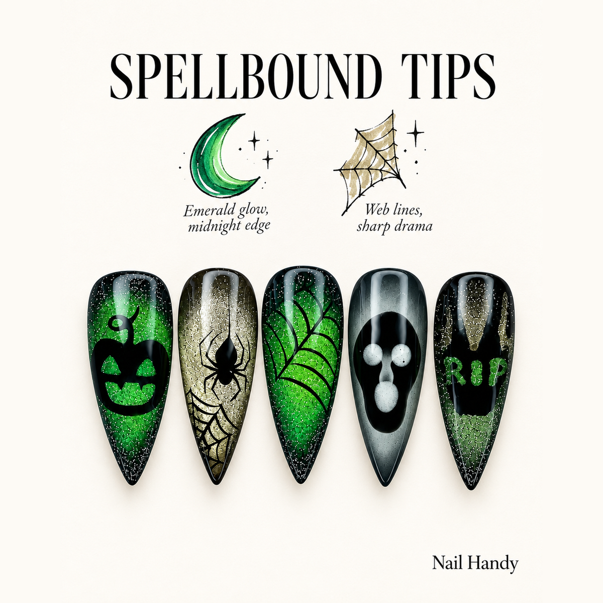 Venom Web Glow Press-On Nails with Spooky Green Nail Art - press-on nail design concept and illustrated product story