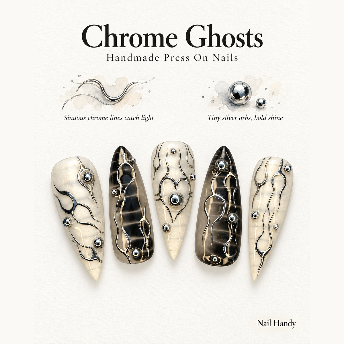 Chrome Circuit Press-On Nails with Y2K Gothic Detail - press-on nail design concept and illustrated product story