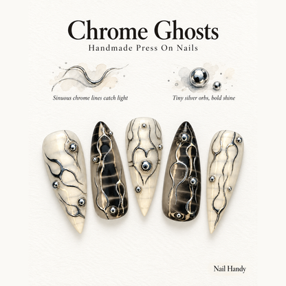 Chrome Circuit Press-On Nails with Y2K Gothic Detail - press-on nail design concept and illustrated product story