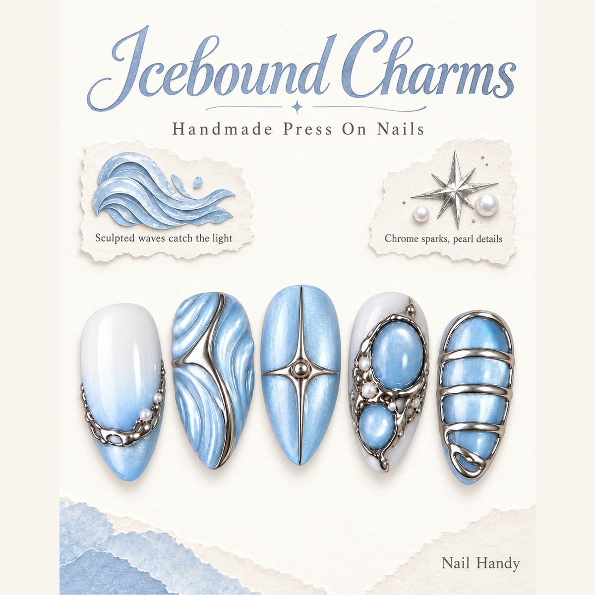 Frosted Blue Tides Press-On Nails with Silver-Tone Details - press-on nail design concept and illustrated product story