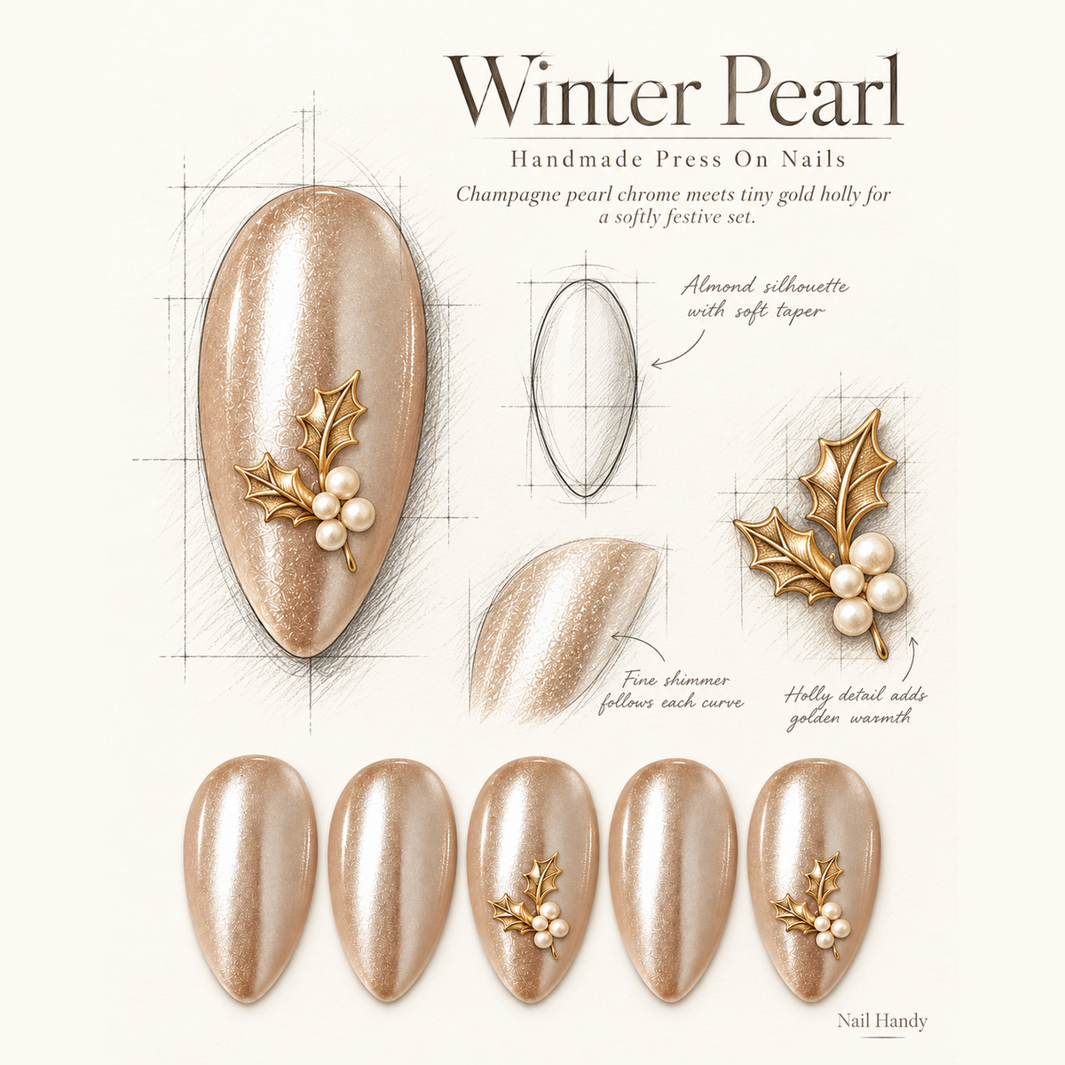 Champagne Holly Press-On Nails with Gold-Tone Leaf Accents - press-on nail design concept and illustrated product story