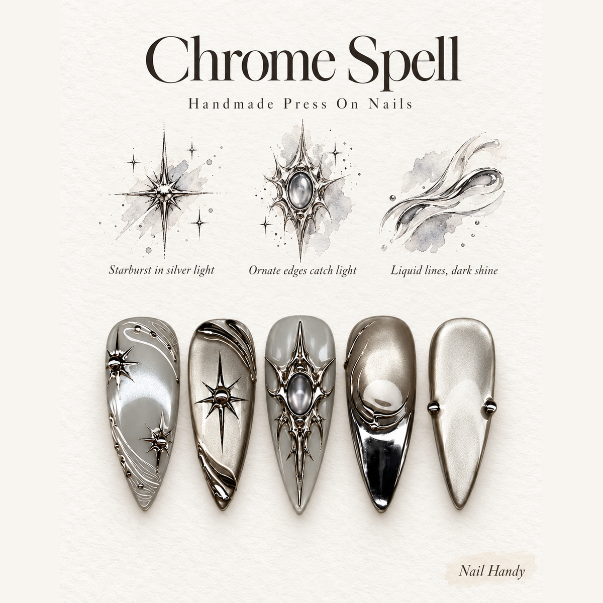 Silver Orbit Press-On Nails with Chrome Starbursts - press-on nail design concept and illustrated product story