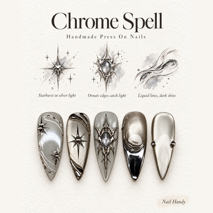 Silver Orbit Press-On Nails with Chrome Starbursts - press-on nail design concept and illustrated product story