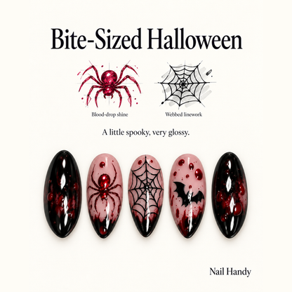 Crimson Web Press-On Nails with Spiders and Bats - press-on nail design concept and illustrated product story