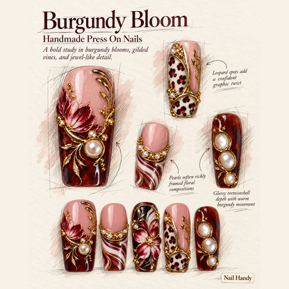 Gilded Burgundy Botanicals Press-On Nails - press-on nail design concept and illustrated product story