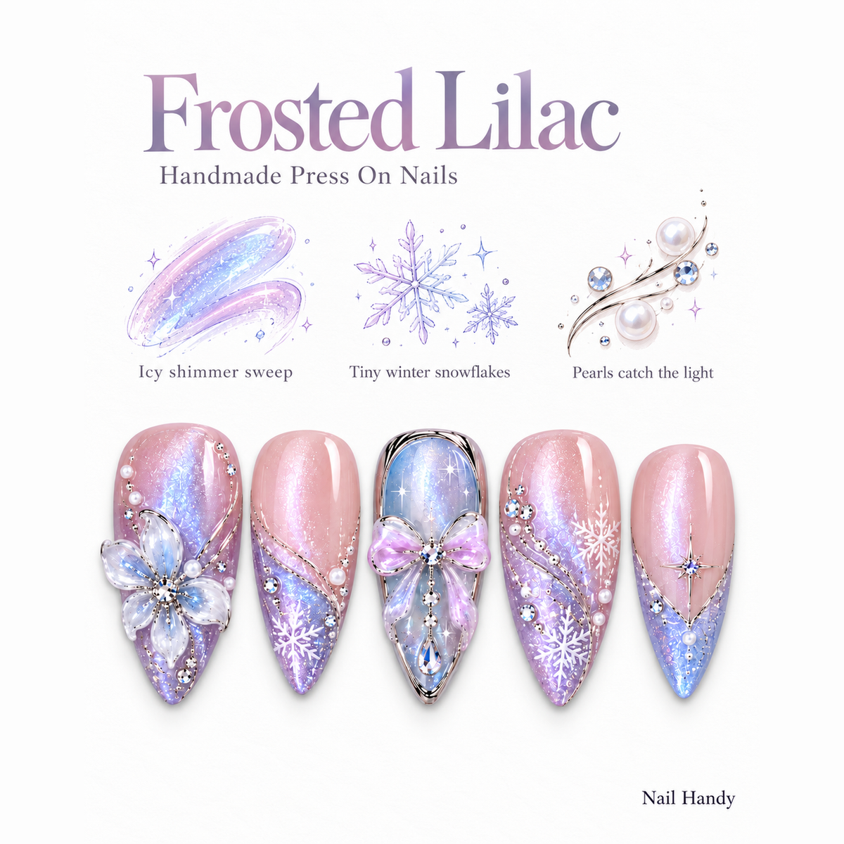 Frostlight Bow Press-On Nails with Snowflake and Floral Accents - press-on nail design concept and illustrated product story