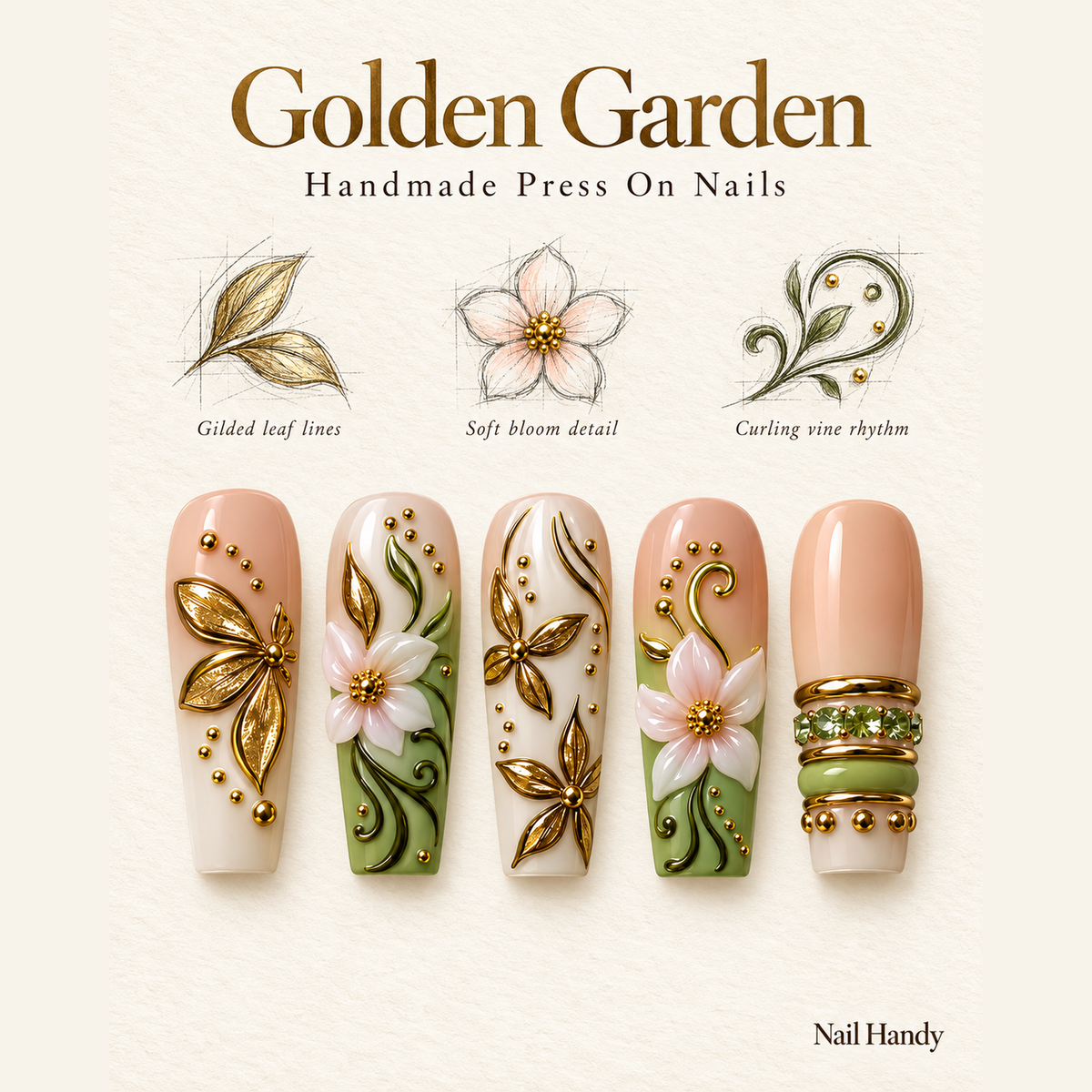 Gilded Sage Blossom Press-On Nails — Floral Gold Accents - press-on nail design concept and illustrated product story