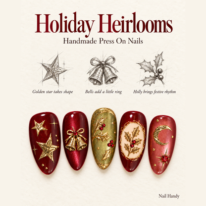 Gilded Holly Nocturne Christmas Press-On Nails - press-on nail design concept and illustrated product story