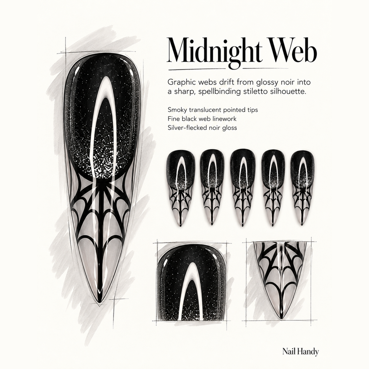 Midnight Web Press-On Nails with Black Spiderweb Tips - press-on nail design concept and illustrated product story
