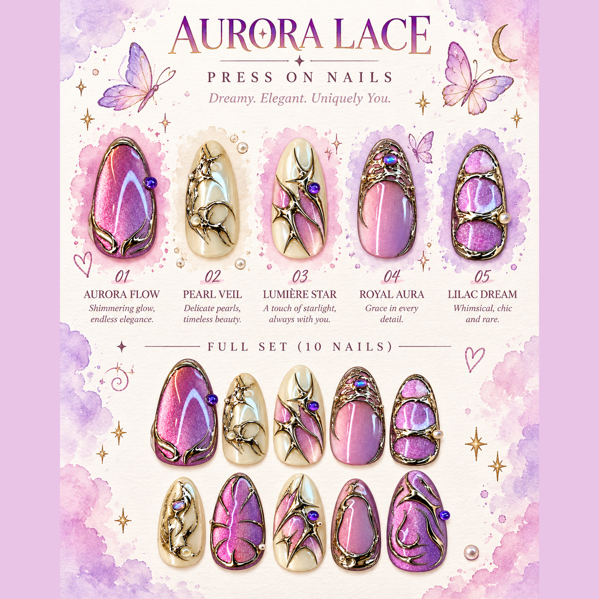 Lilac Chrome Filigree Press-On Nails - press-on nail design concept and illustrated product story