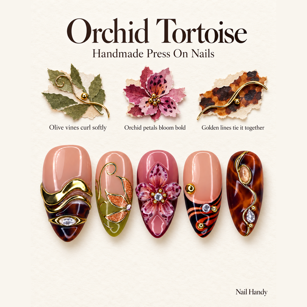 Gilded Orchid Mosaic Press-On Nails - press-on nail design concept and illustrated product story