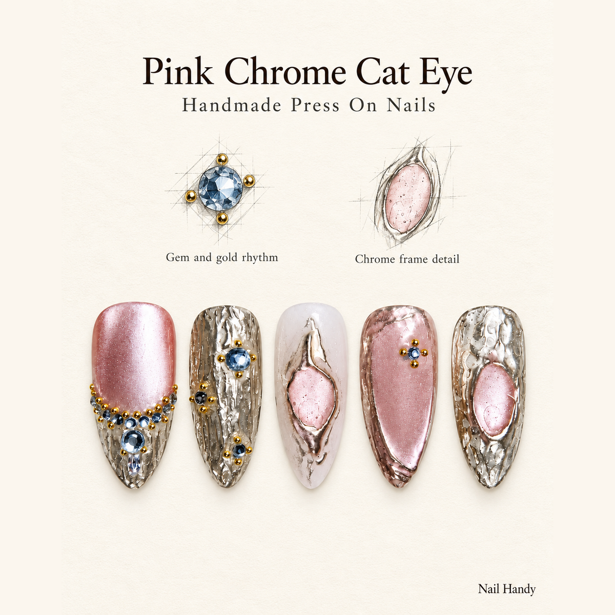 Gilded Rose Cat Eye Press-On Nails with Chrome Accents - press-on nail design concept and illustrated product story