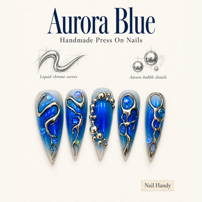 Aurora Chrome Tide Press-On Nails with Blue Chrome Accents - press-on nail design concept and illustrated product story