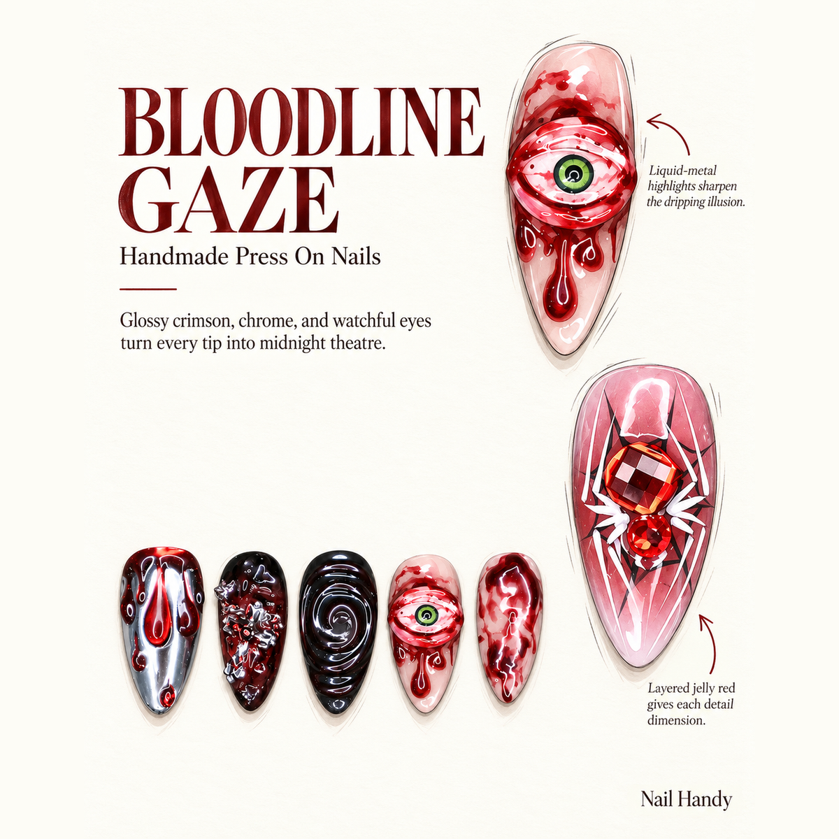 Crimson Eyeball Press-On Nails for Halloween - press-on nail design concept and illustrated product story