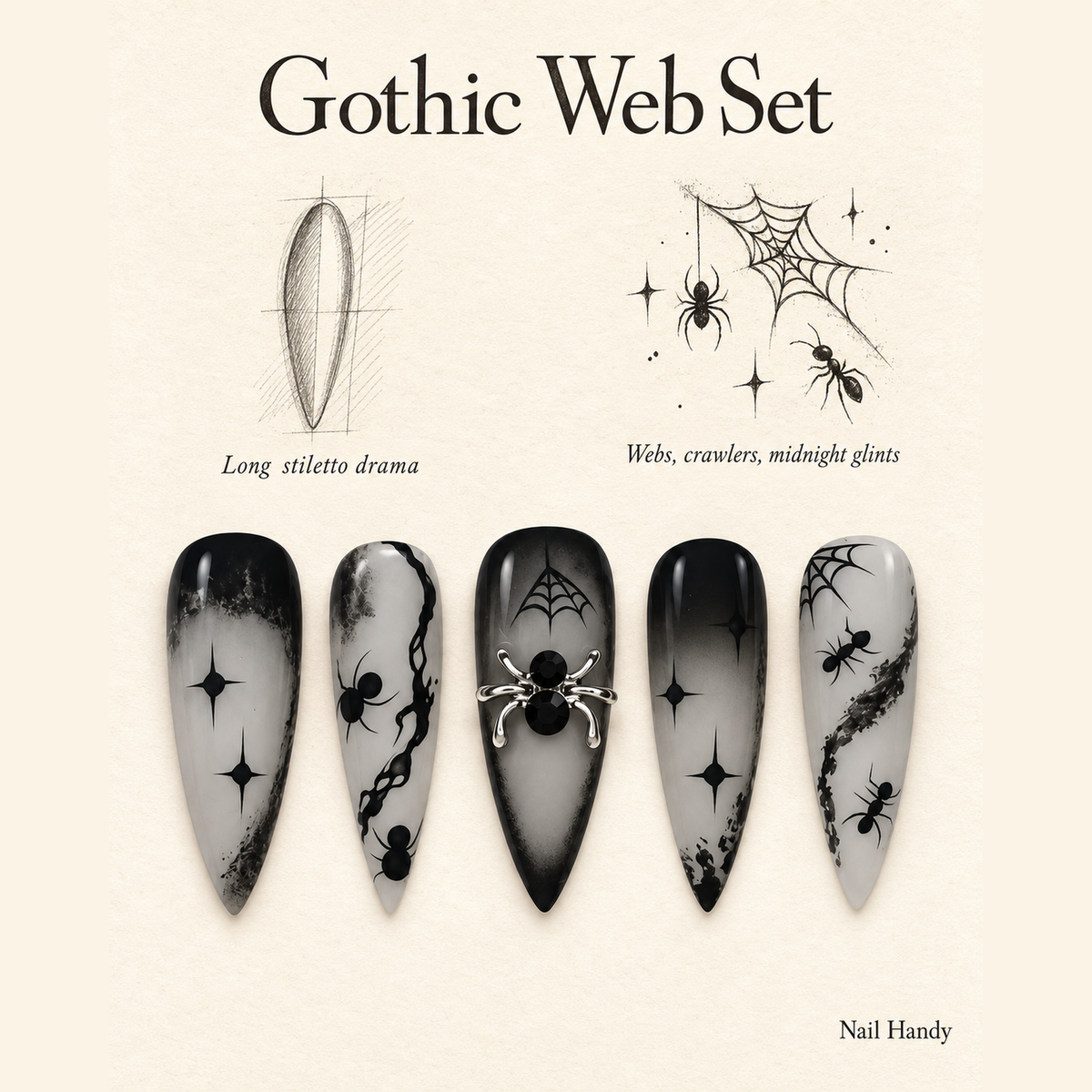 Midnight Web Gothic Press-On Nails with Spider Details - press-on nail design concept and illustrated product story