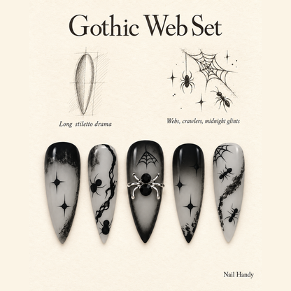 Midnight Web Gothic Press-On Nails with Spider Details - press-on nail design concept and illustrated product story