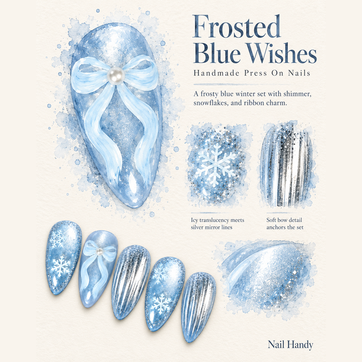 Snowbound Ribbon Press-On Nails with Snowflakes and Silver Stripes - press-on nail design concept and illustrated product story