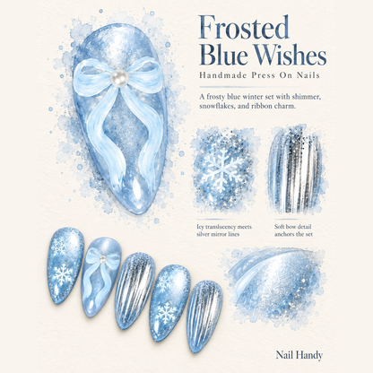 Snowbound Ribbon Press-On Nails with Snowflakes and Silver Stripes - press-on nail design concept and illustrated product story