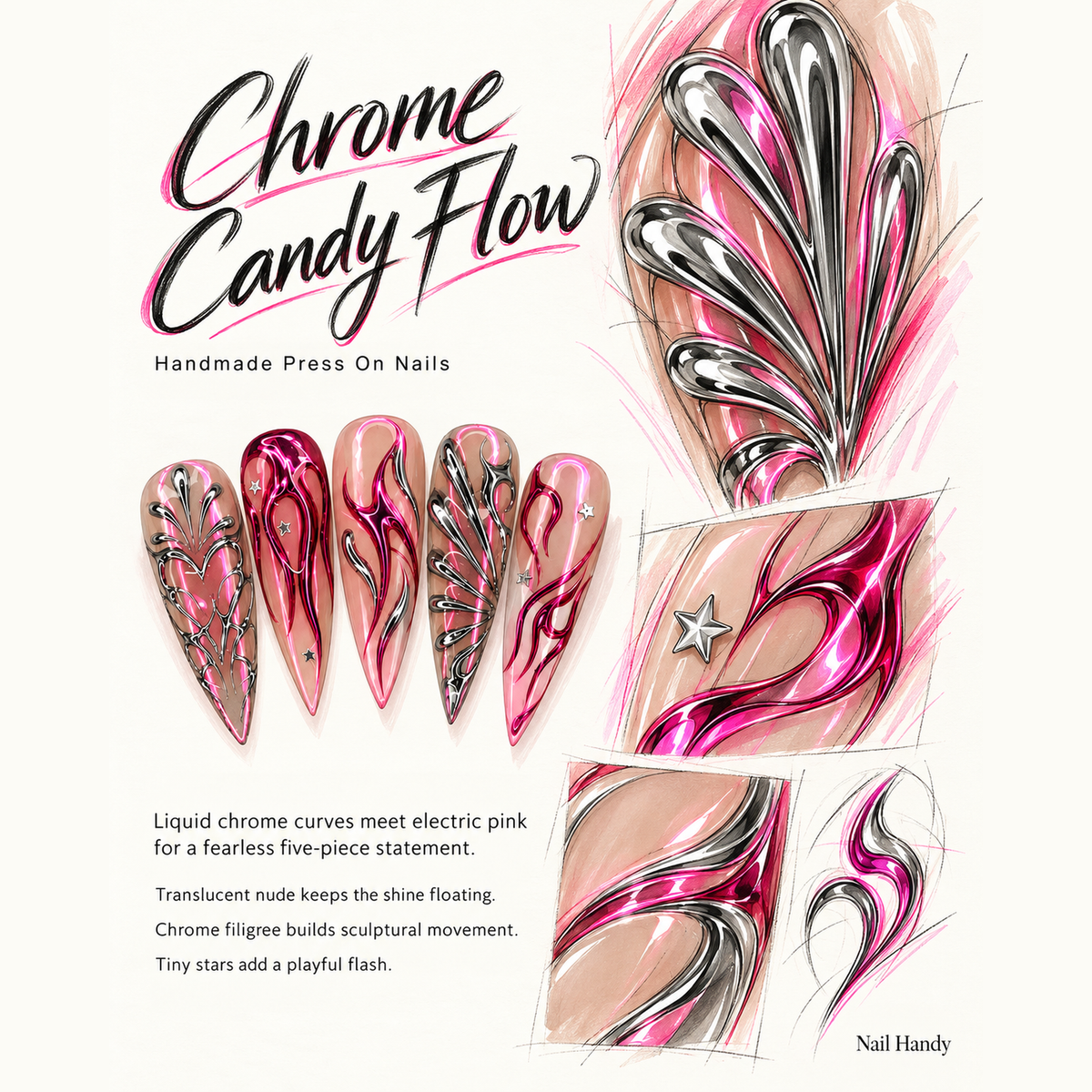 Pink Chrome Orbit Press-On Nails with Silver Star Accents - press-on nail design concept and illustrated product story