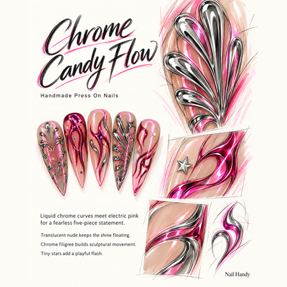 Pink Chrome Orbit Press-On Nails with Silver Star Accents - press-on nail design concept and illustrated product story