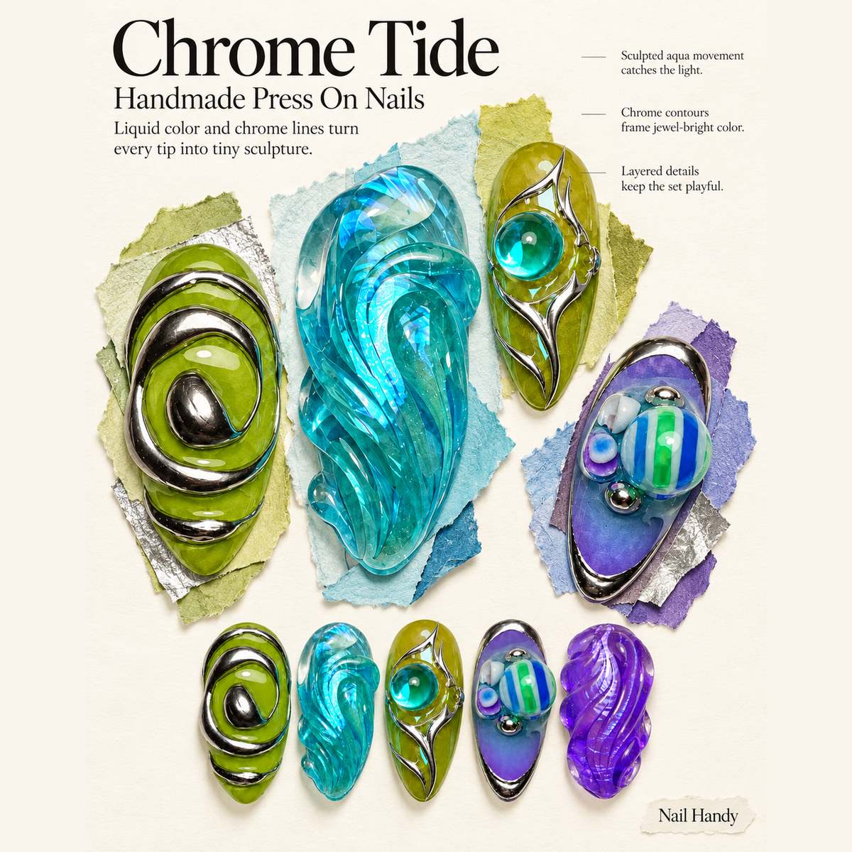 Chromatic Orbit Press-On Nails with Sculptural Silver Accents - press-on nail design concept and illustrated product story