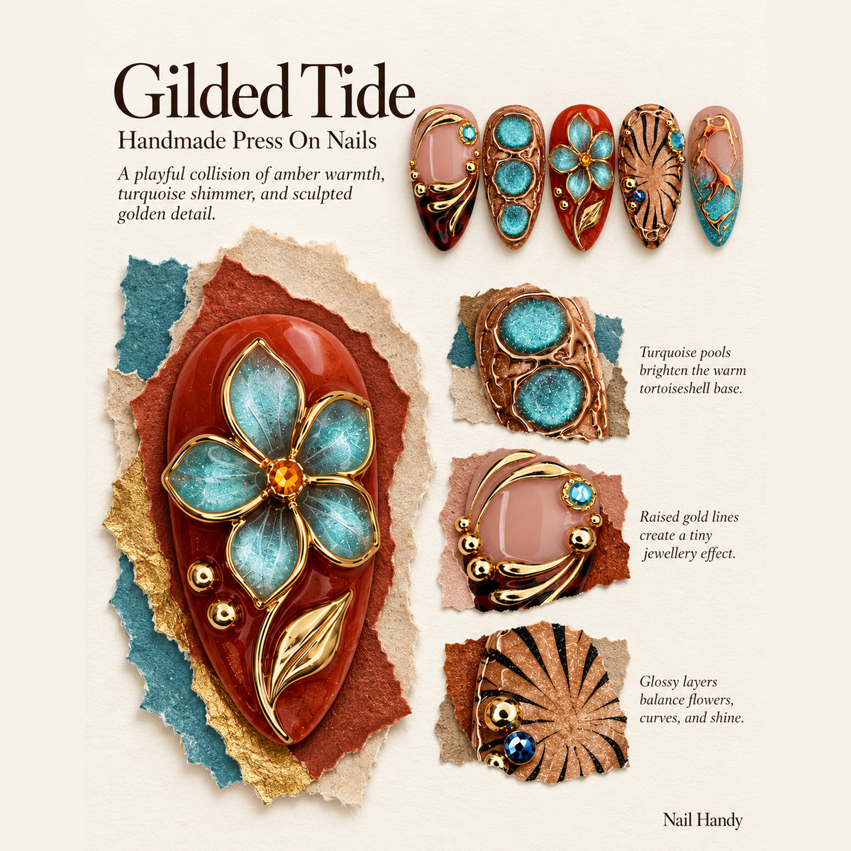 Gilded Turquoise Mosaic Press-On Nails - press-on nail design concept and illustrated product story