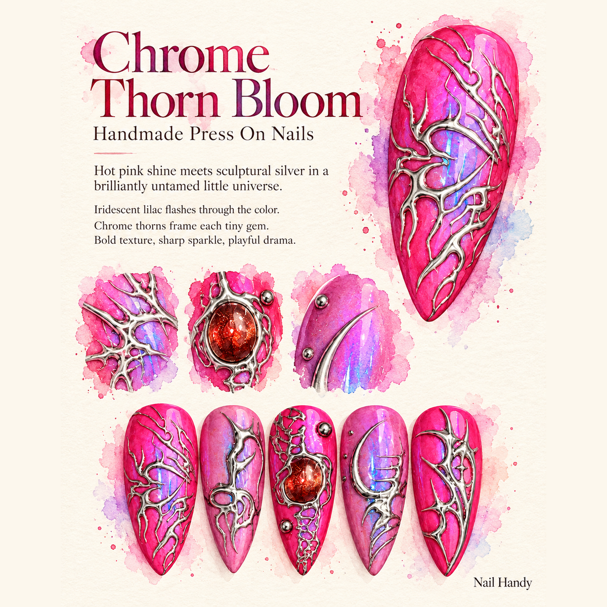 Pink Chrome Relic Press-On Nails — Iridescent Silver Accents - press-on nail design concept and illustrated product story