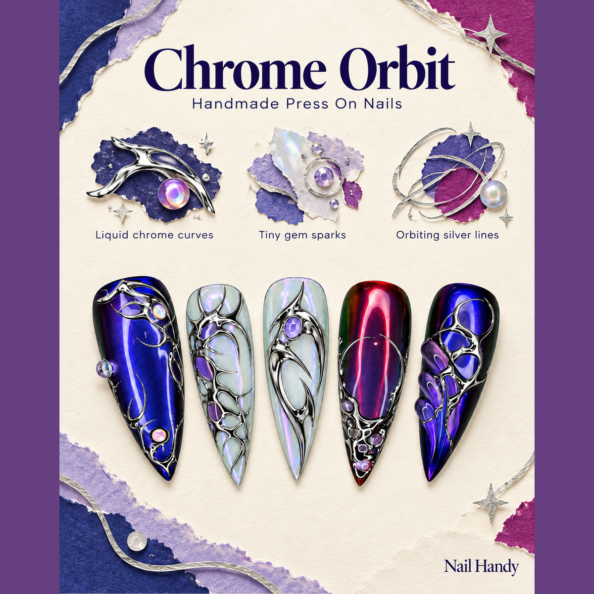 Prismatic Silver Orbit Press-On Nails - press-on nail design concept and illustrated product story