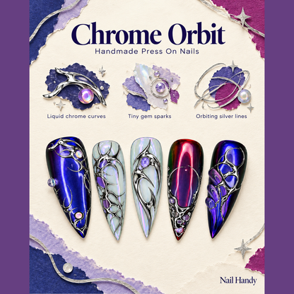 Prismatic Silver Orbit Press-On Nails - press-on nail design concept and illustrated product story